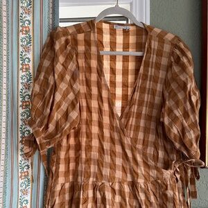 Tan Checkered Wrap Dress oversized